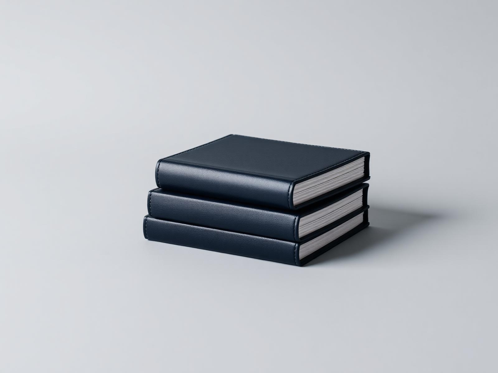 A stack of navy ledger books on a soft gray surface
